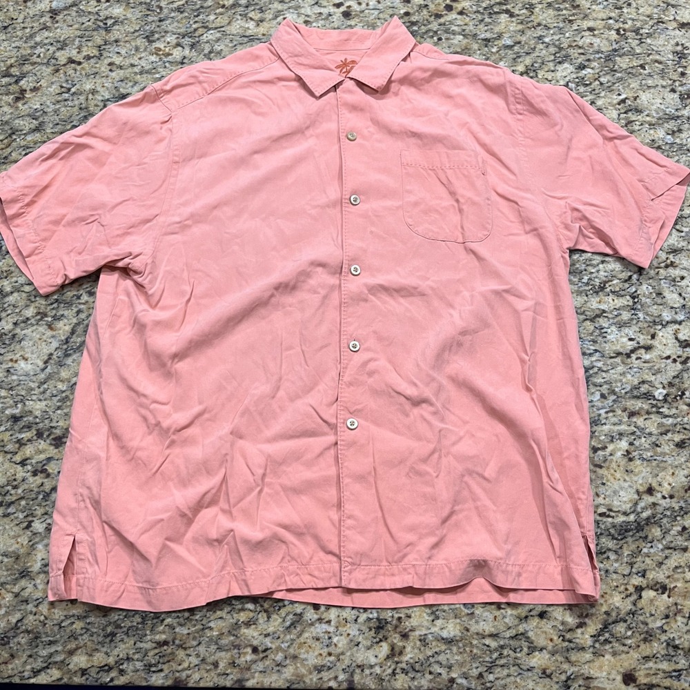 Tommy Bahama Mens XL Silk Short Sleeve Button Down‎ Shirt Salmon Pink Camp Top